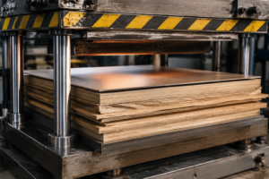 Hot press lamination process with industrial press plate and stacked panels for improved surface quality