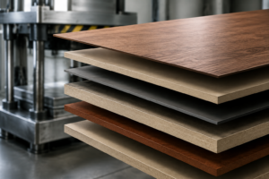 Multi-layer panel lamination process showing stacked panels and bonding structure for improved adhesion quality